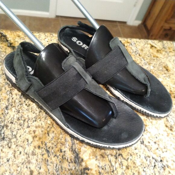 Sorel Out N About Plus Sandals Leather Thong Slingback Black Women's Sz 7.5 - Picture 2 of 12